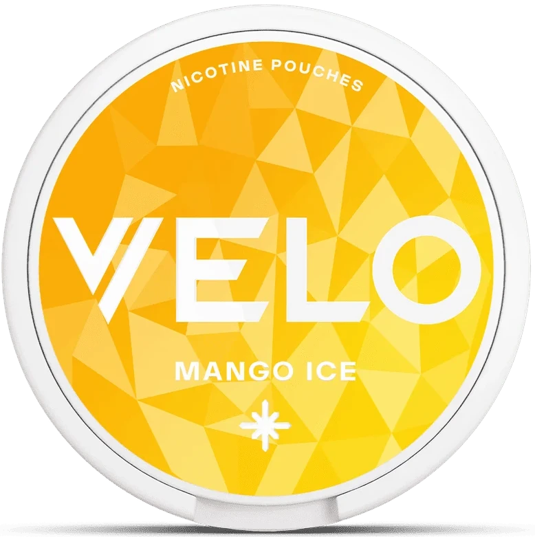 A round white container of VELO Mango Ice nicotine pouches, featuring a bright yellow and orange geometric patterned lid with white branding text.