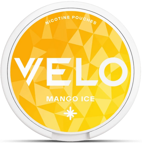 A round white container of VELO Mango Ice nicotine pouches, featuring a bright yellow and orange geometric patterned lid with white branding text.