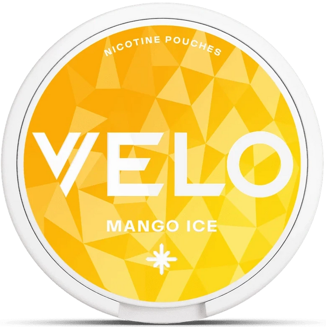A round white container of VELO Mango Ice nicotine pouches, featuring a bright yellow and orange geometric patterned lid with white branding text.