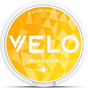 A round white container of VELO Mango Ice nicotine pouches, featuring a bright yellow and orange geometric patterned lid with white branding text.