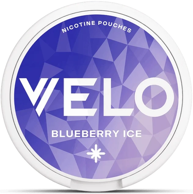 A round white container of Velo Blueberry Ice nicotine pouches, featuring a blue and purple geometric pattern label with white text.
