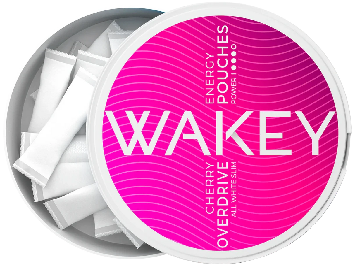 Wakey energy pouches container with pink label on a white background