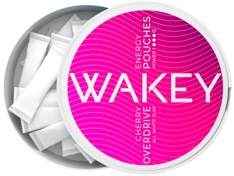 Wakey energy pouches container with pink label on a white background